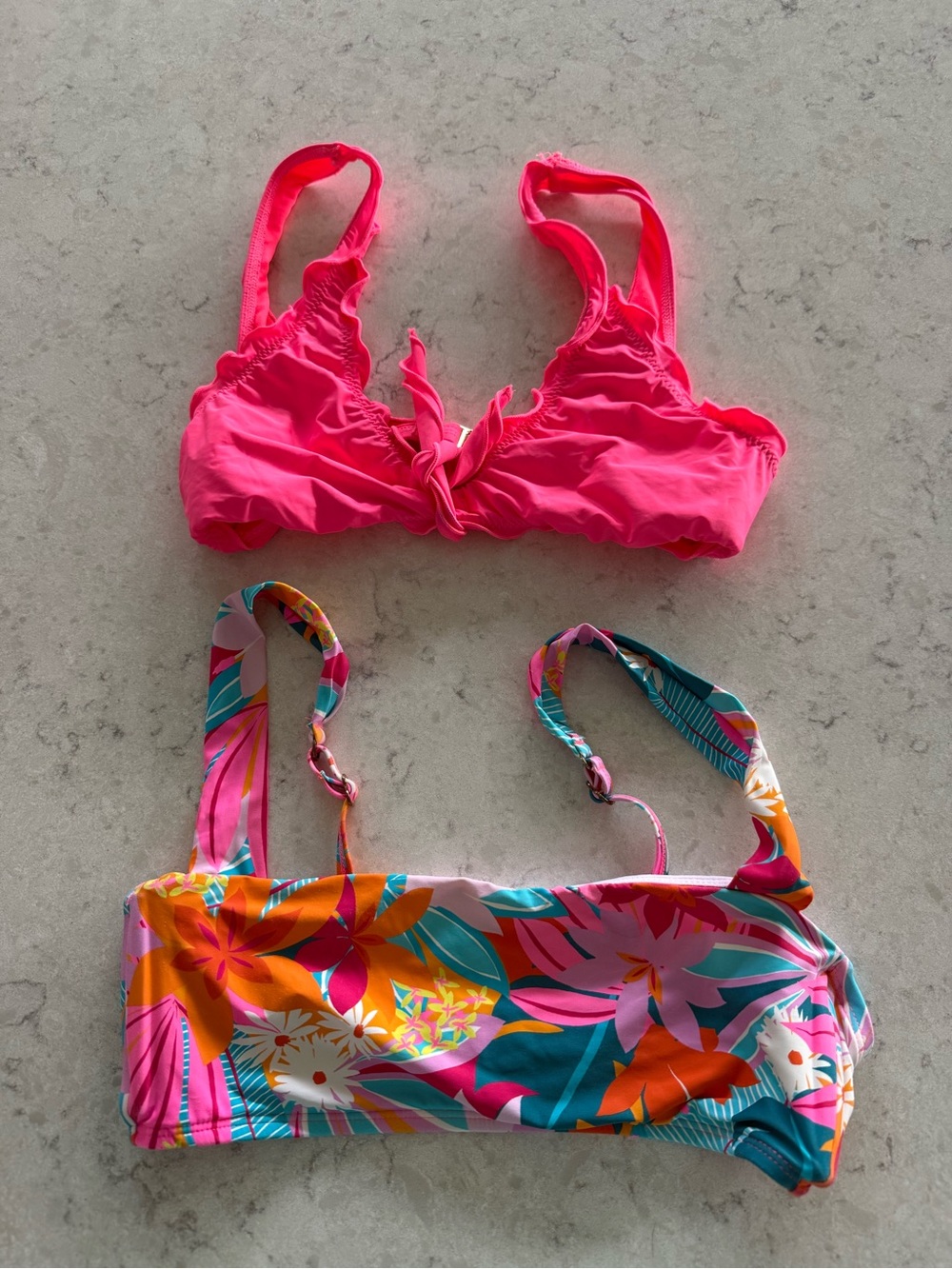 Hobie Bright Pink Bikini Top + Tropical Print Bandeau Bikini Top